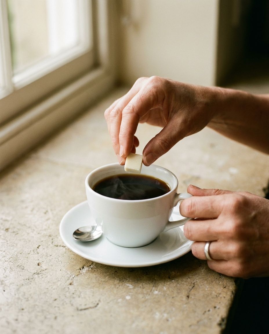 A hand dropping a Sterling cube into a cup of black coffee