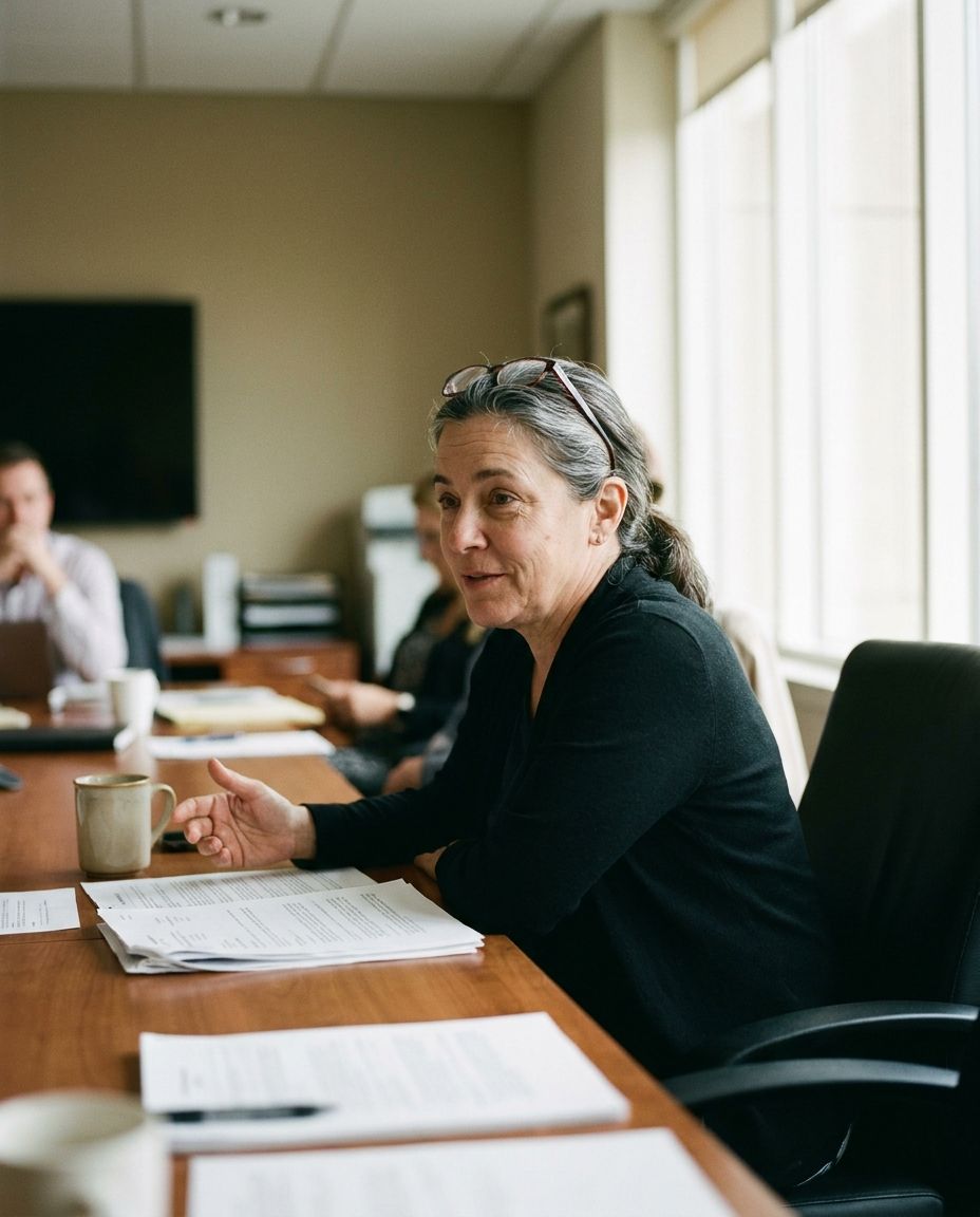 A woman in her fifties mid-sentence at the head of a meeting table