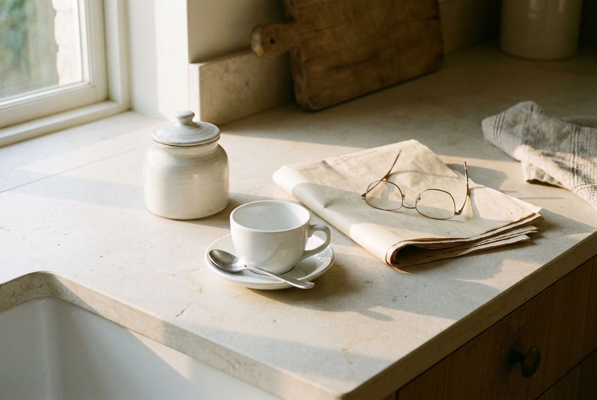 A kitchen counter in morning light with a lidded tin, coffee cup and reading glasses